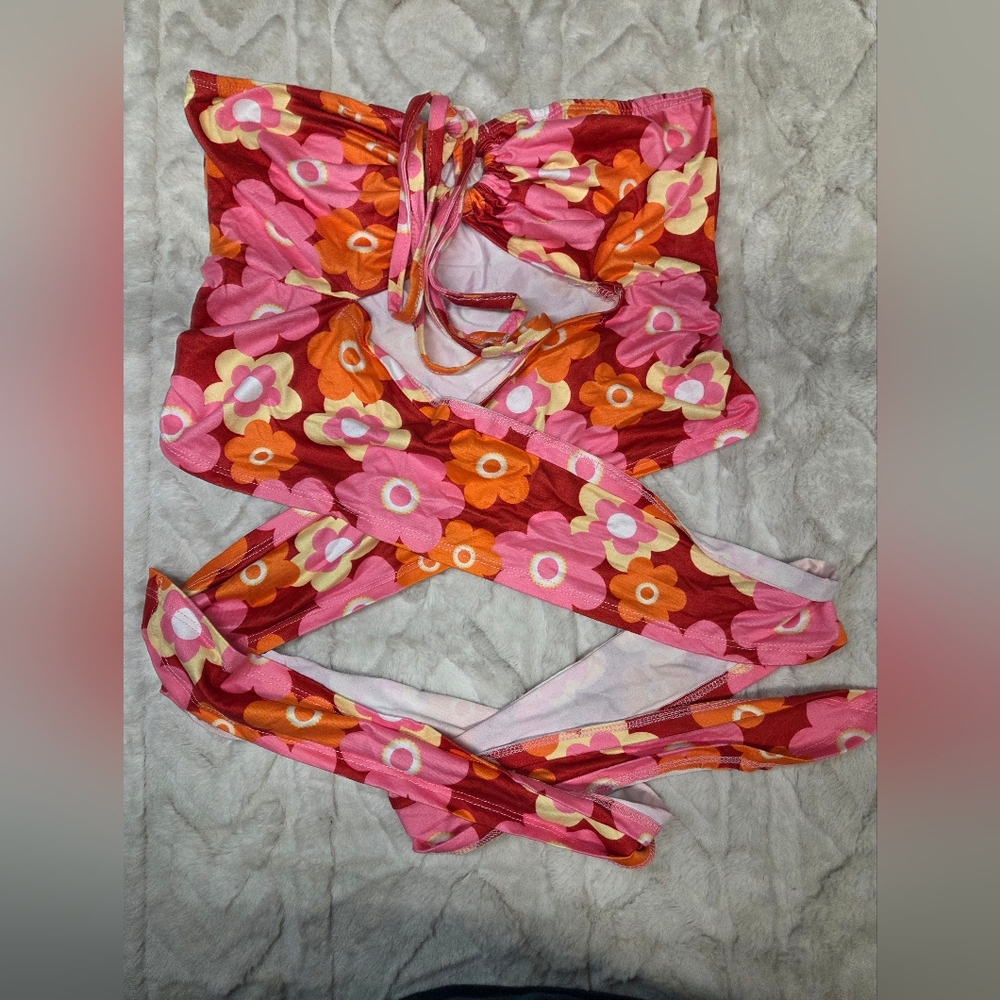 Vintage‎ 70s Style SHEIN Pink and Red Floral Wrap Top Size Small
